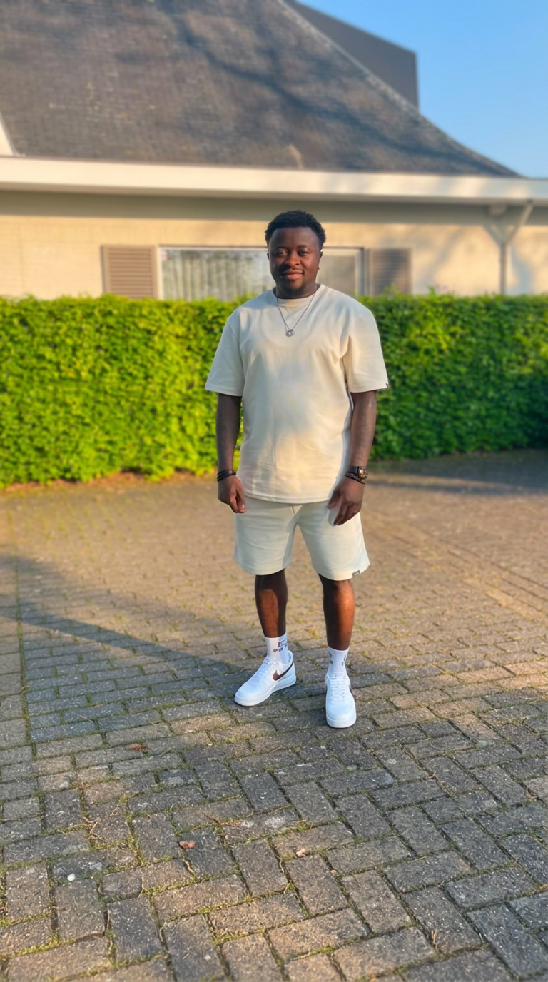 DJ Bonix outdoors in a cream outfit